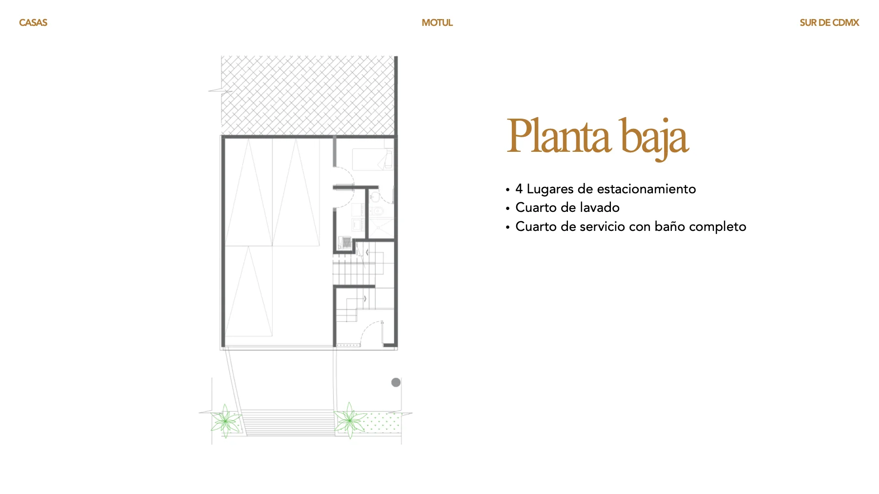 Plano arquitectónico de Motul: Planta baja. Cuatro estacionamientos, lavado y cuarto de servicio.