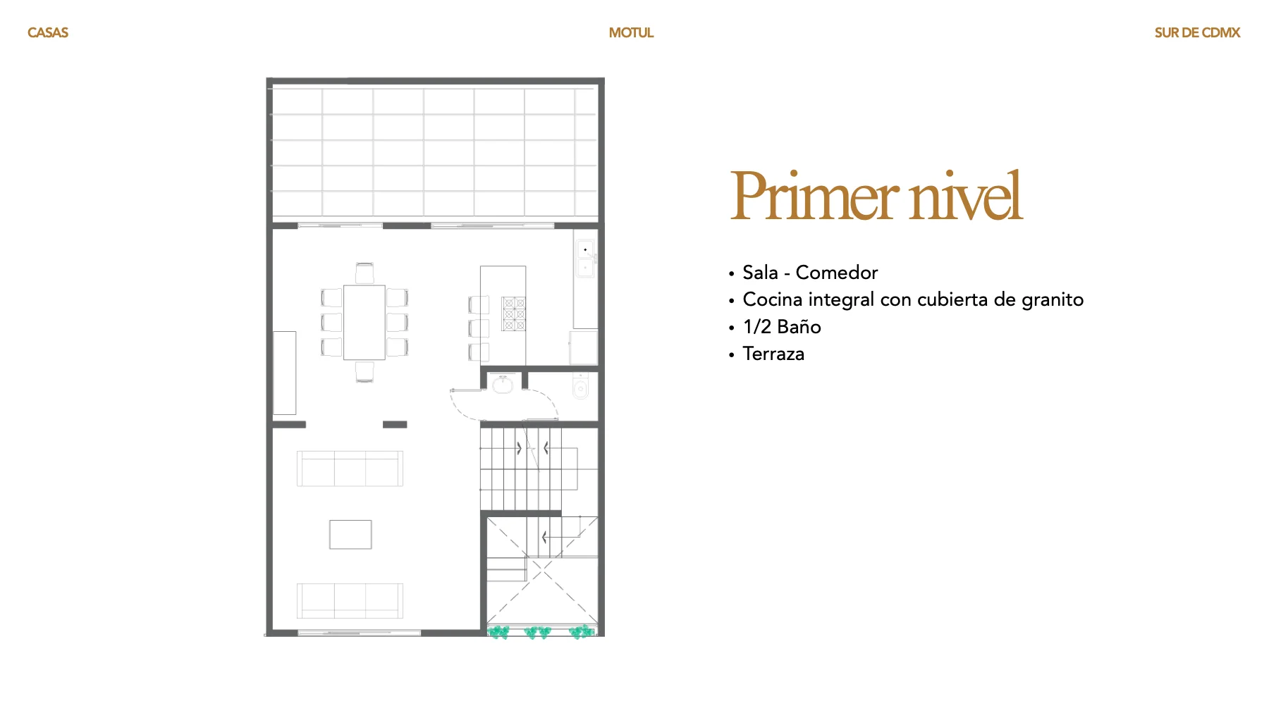 Plano arquitectónico de Motul: Primer nivel. Sala-comedor, cocina, medio baño y terraza.