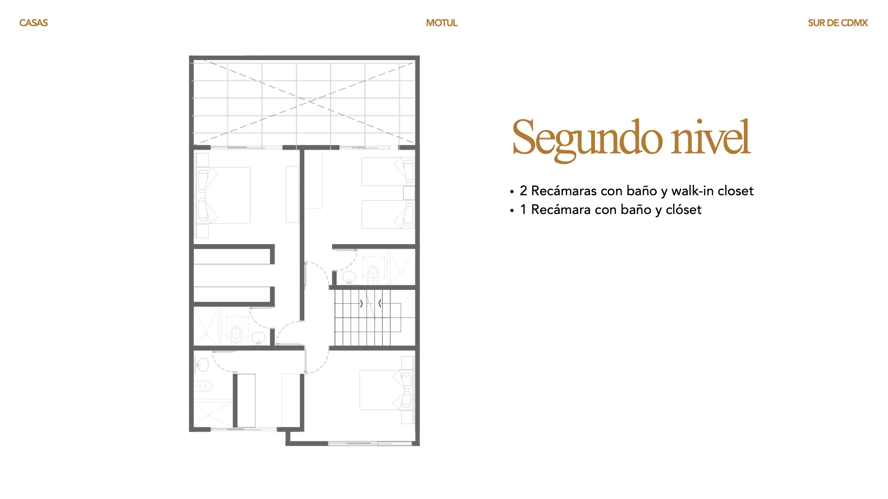 Plano arquitectónico de Motul: Segundo nivel. Tres recámaras con baño.