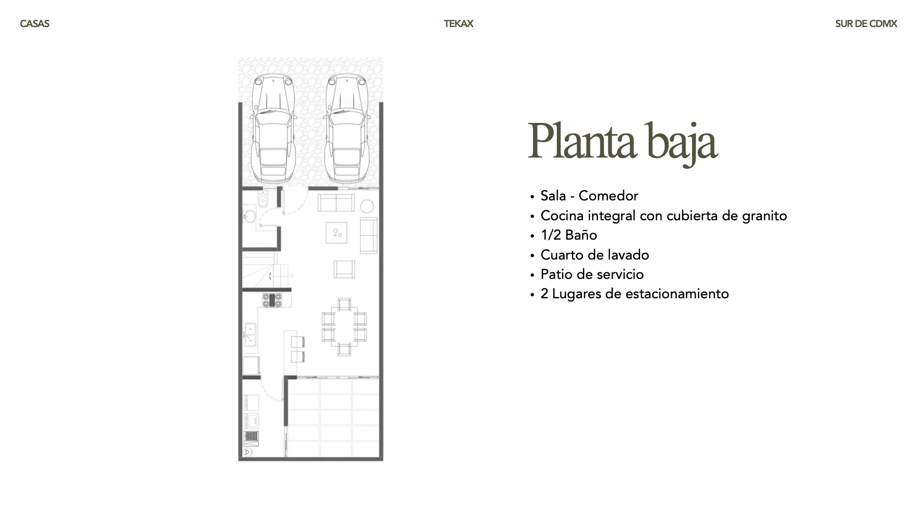 Plano arquitectónico de Tekax: Planta baja. Sala-comedor, cocina, servicio y dos estacionamientos.