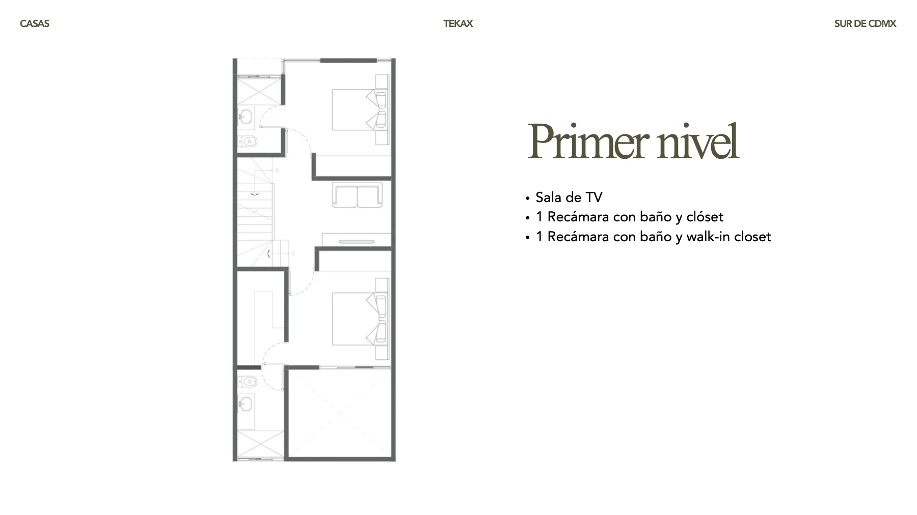 Plano arquitectónico de Tekax: Primer nivel. Dos recámaras con baño y sala de TV.