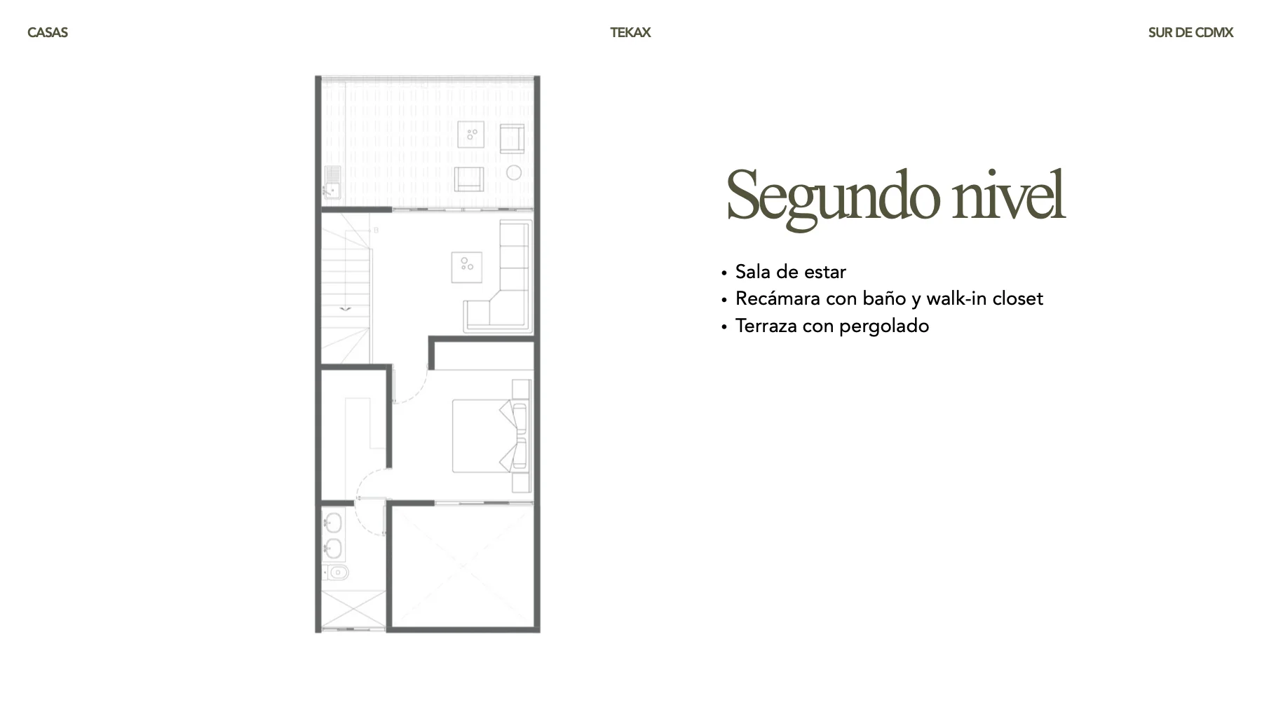 Plano arquitectónico de Tekax: Segundo nivel. Recámara, sala de estar y terraza con pergolado.